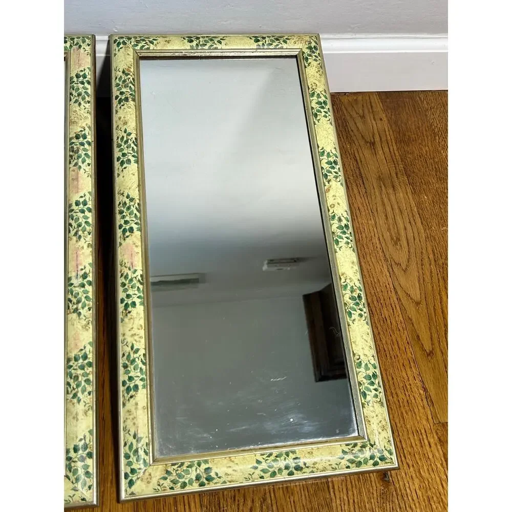 Vintage Floral Mirror Set of 2, Gold Tone Wall Mirrors, Green with pink Frames